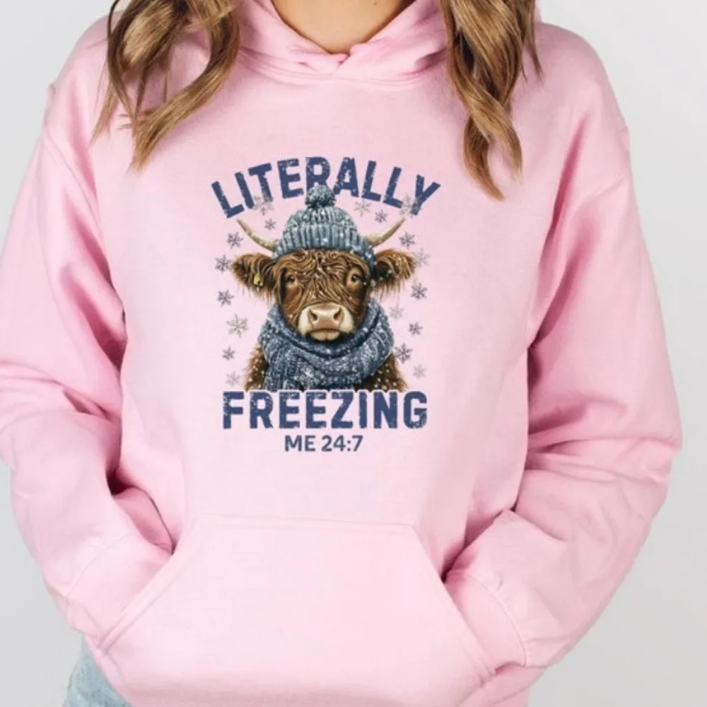 Literaly Freezing Hoodies Winter Cow Sweatshirt Cow Gifts Highland Cow Hoodie Spring Autumn Winter Thermal Long Sleeve Hooded
