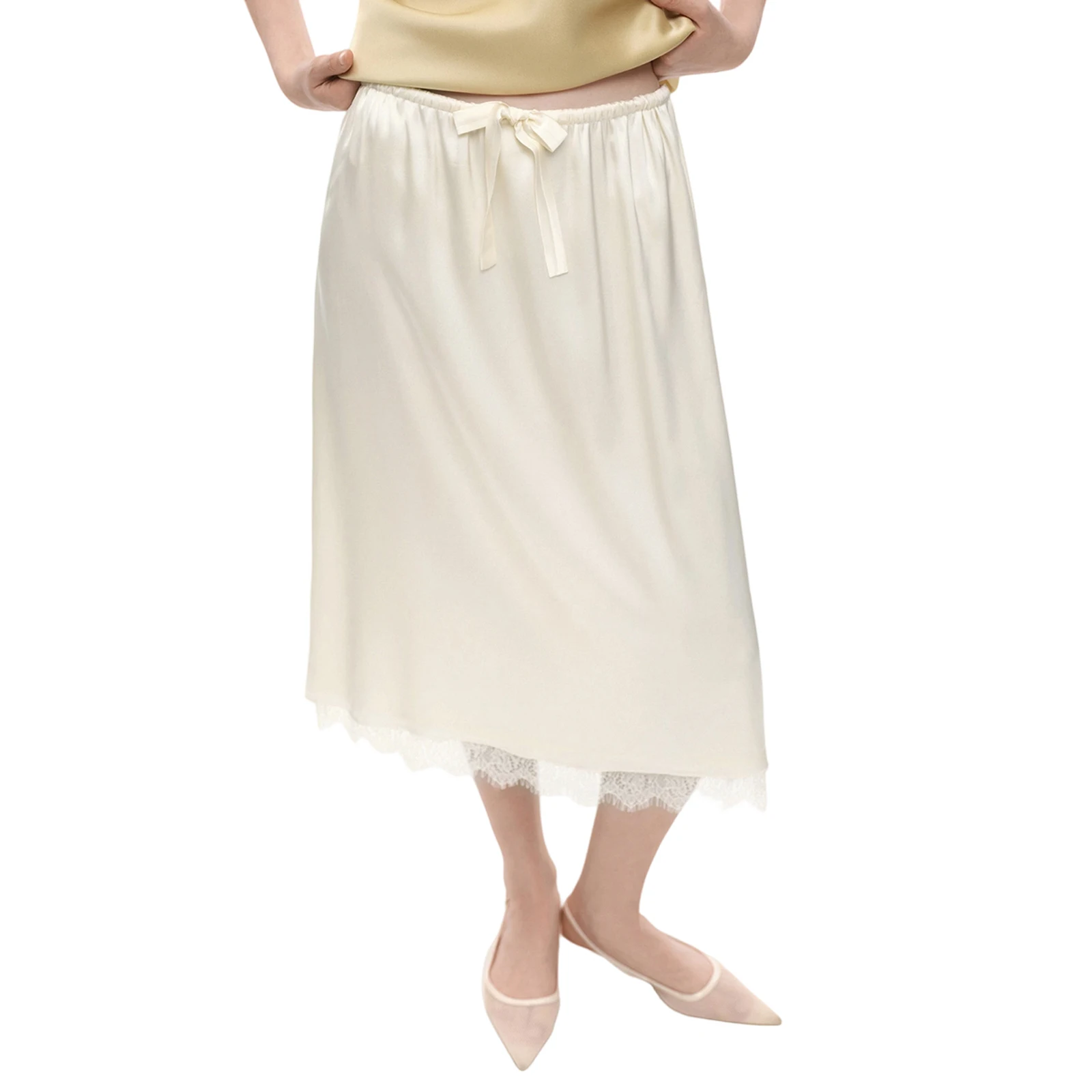 Women Patchwork Lace Satin Skirt French Style Tie-up Elastic Waist Midi Skirt Summer Streetwear