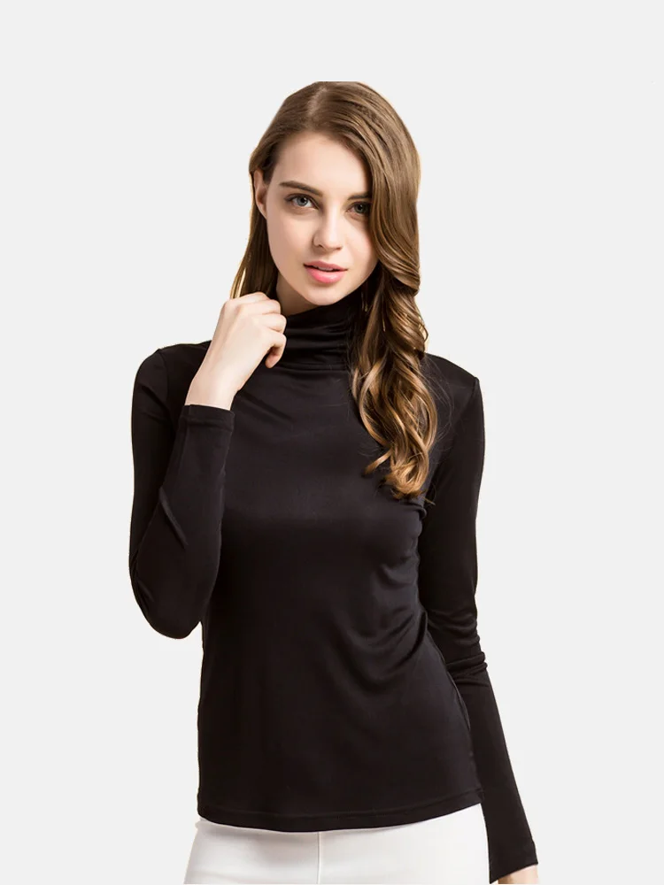 SuyaDream Women Turtleneck Long Sleeved Solid Pullovers Knitted Natural Silk Chic Bottoming T Shirt 2022 Spring Autumn TOP