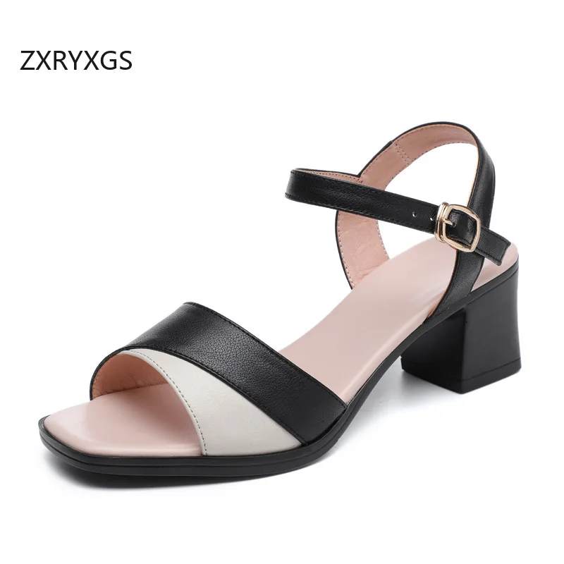 ZXRYXGS 2026 New Summer Spell Colors Genuine Leather Elegant Fashion Sandals Large Size Fish Mouth Women's Middle Heel Sandals