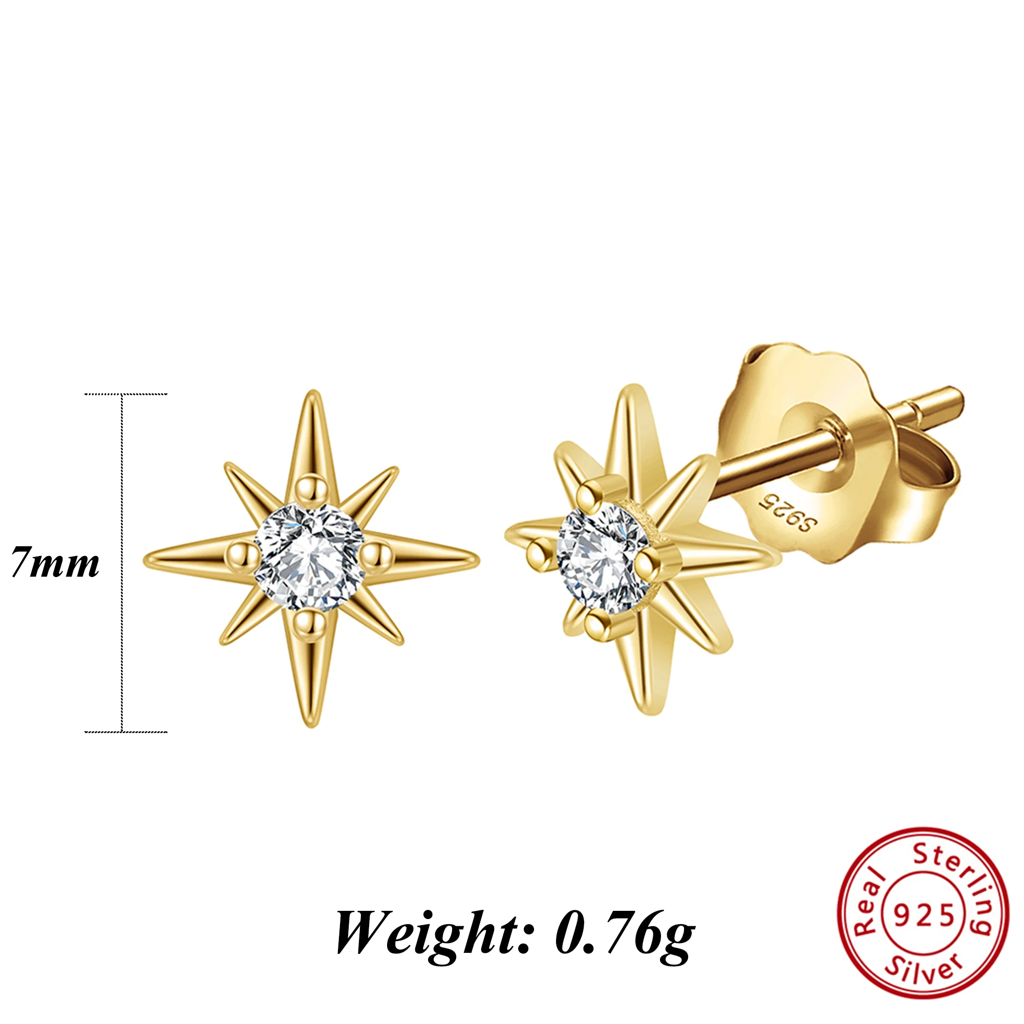 

Effie Queen 925 Sterling Silver 14K Gold Exquisite North Star Stud Earrings With AAAA Cubic Zirconia Ornament Gift for Her APE27