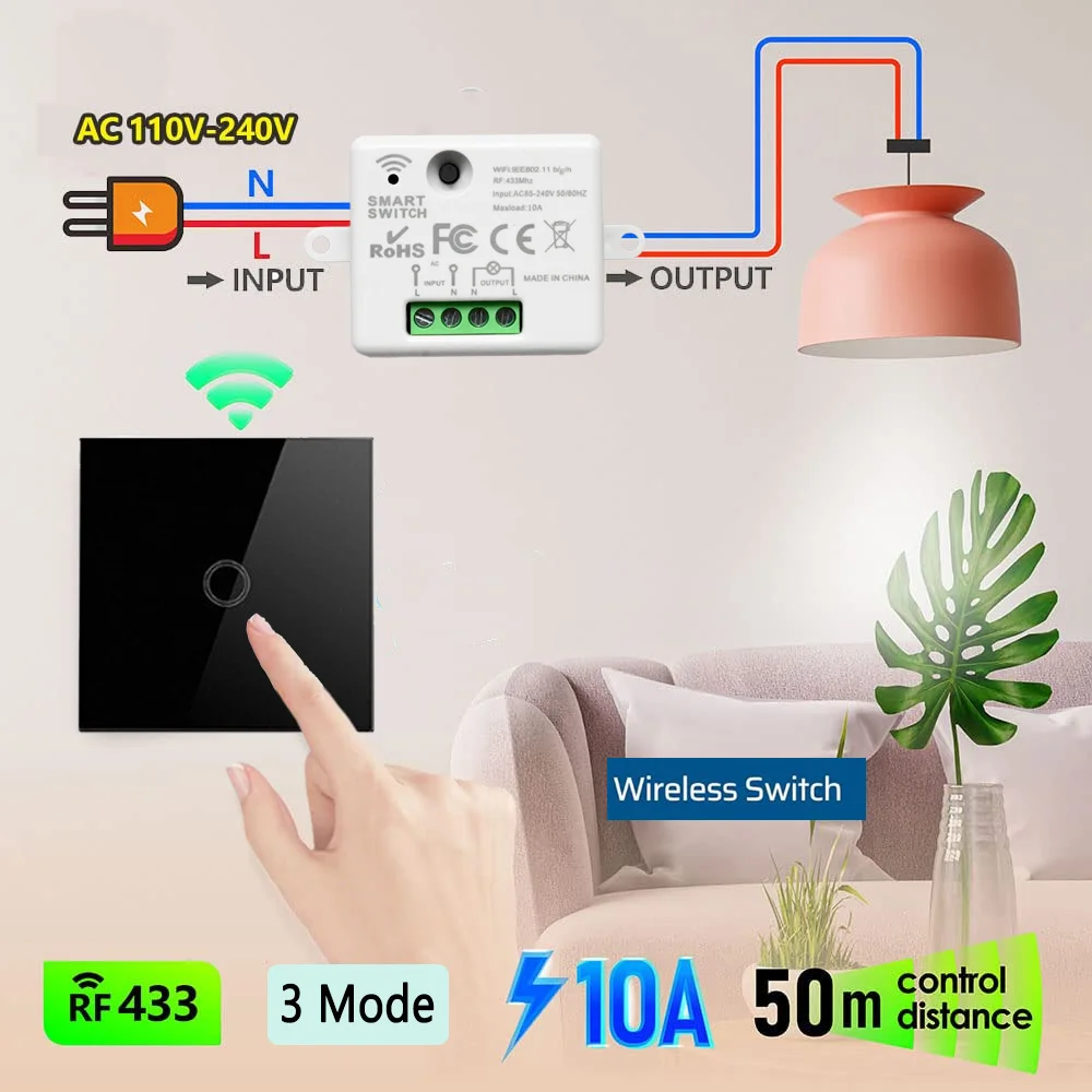 CENFAYA 433mhz RF Smart Light Switch 110V 220V 230V Mini Relay Receiver Module Black Wireless Glass Touch Wall Remote Control