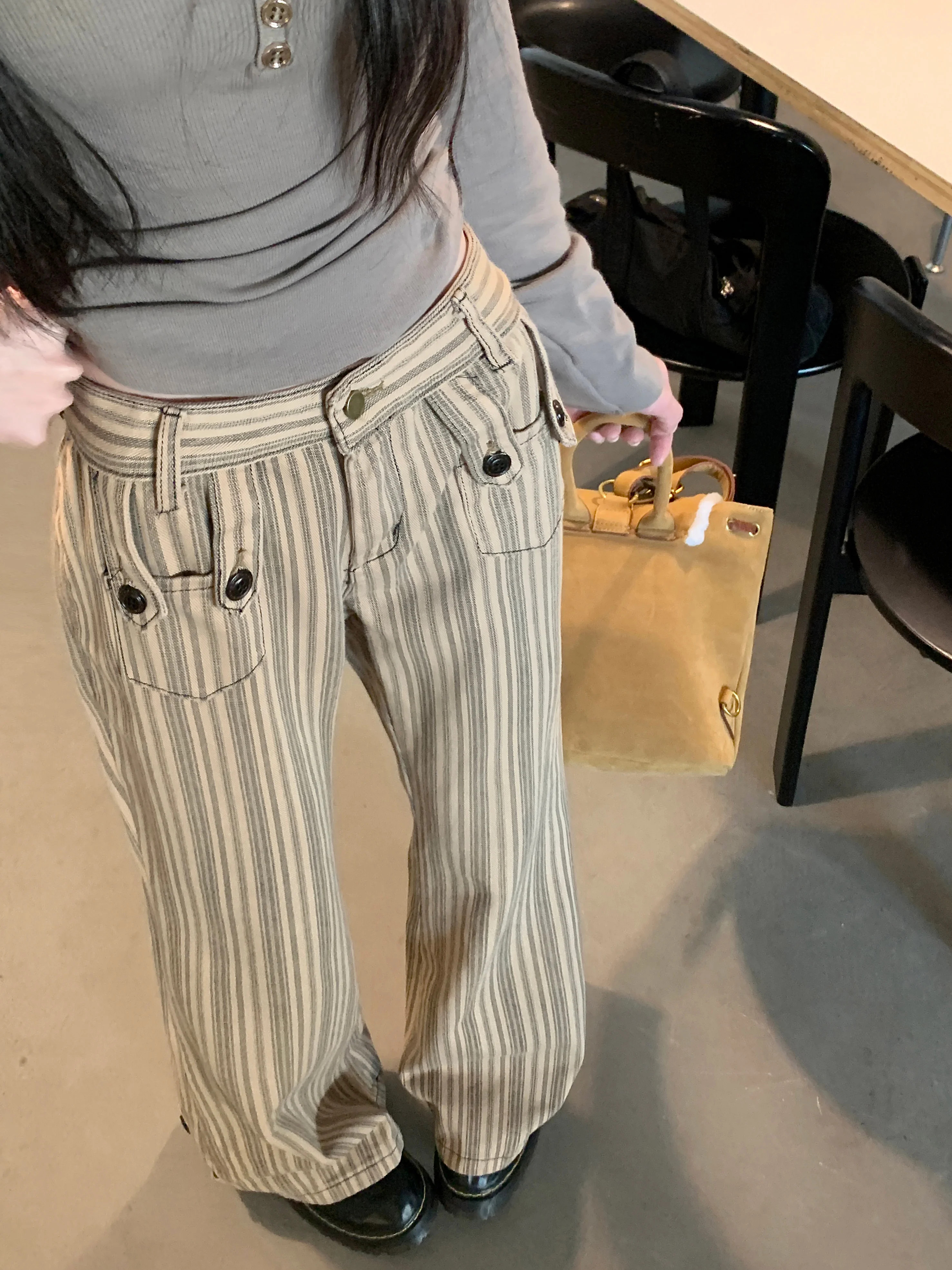 Women Vintage Old Money Skinny Jeans Grunge Japanese Abi Low Rise Gyaru Y2K Striped Denim Pants 2000s Aesthetic Korean Fashion