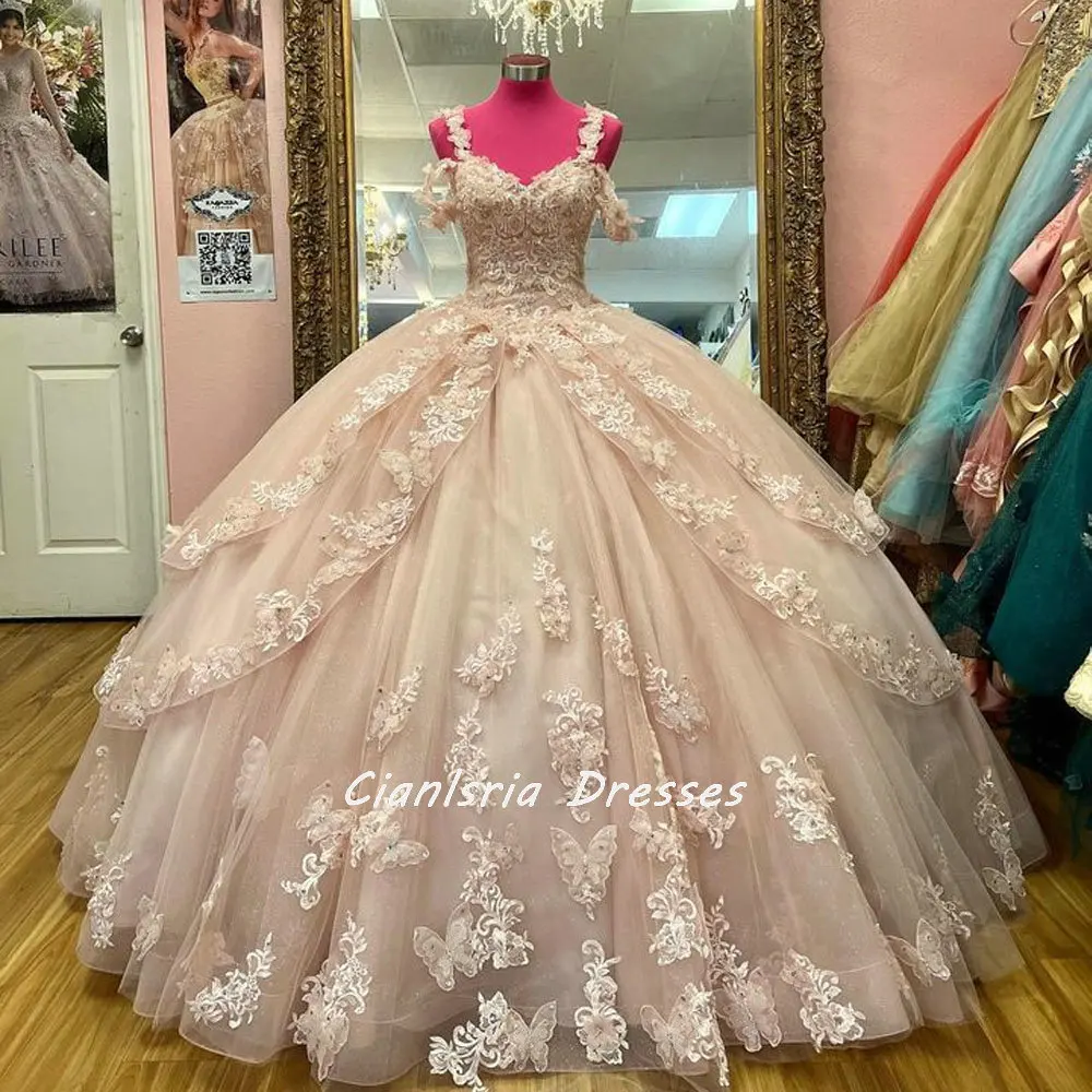 

Champagne 3D Flowers Butterfly Quinceanera Dress Ball Gown Spaghetti Strap Appliques Lace Tiered Corset Vestidos De Quinceañera