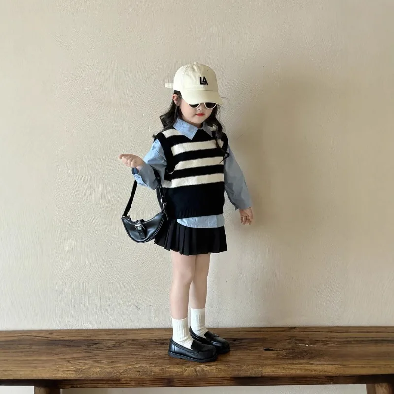 

HoneyCherry, новые весенние детские рубашки, черно-белые жилеты в полоску, плиссированные юбки, блузки с длинными рукавами для девочек