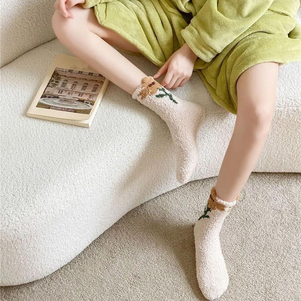 6Pairs Sweet Thickened Coral Fleece Socks Flower Winter Floor Plush Socks Sleeping Hosiery Warm Socks Women Winter