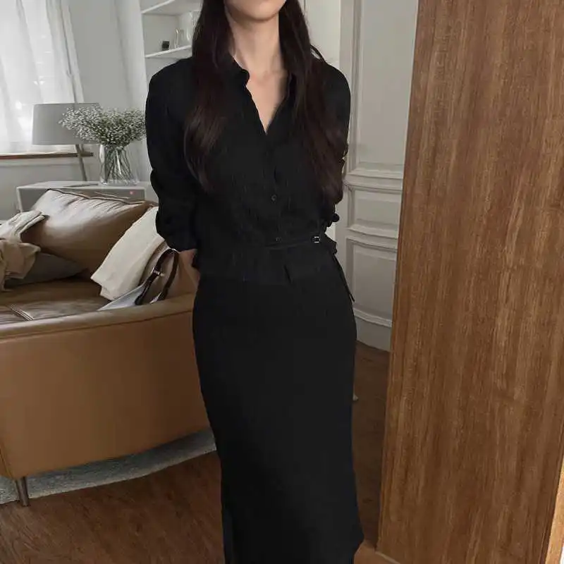 Early Spring New Arrival French Style Elegant All-Match Long-Sleeved Pleated Shirt High Waist Slim-Fit Skirt Suit Ropa Mujer