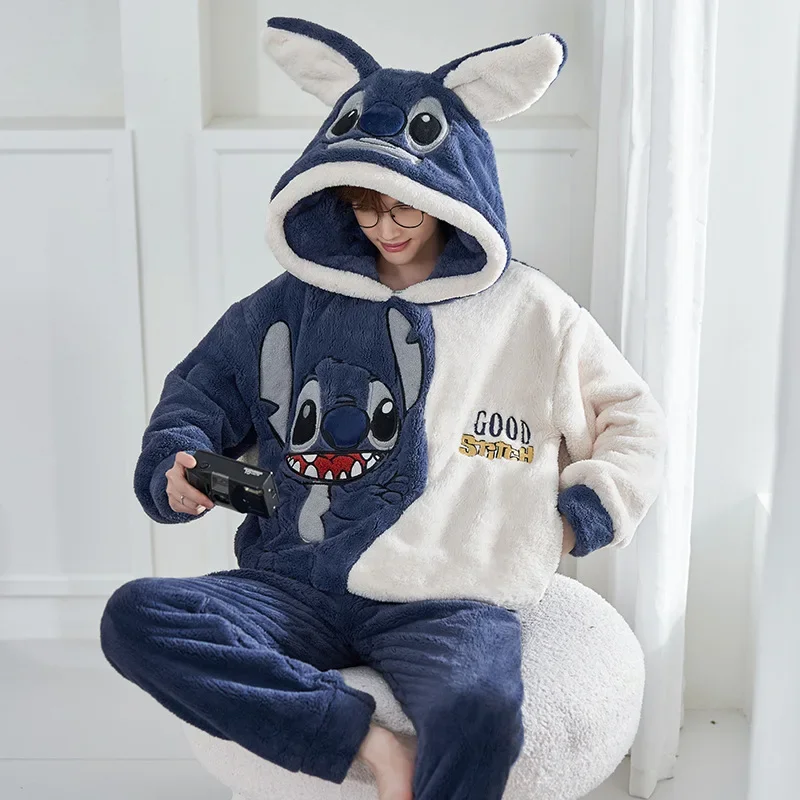 Disney Stitch Pooh Bear Winter Hooded Pajamas Set Men Women Pyjamas Cartoon Flannel Loung Sleepwear Couple Pijama Mujer Homewear