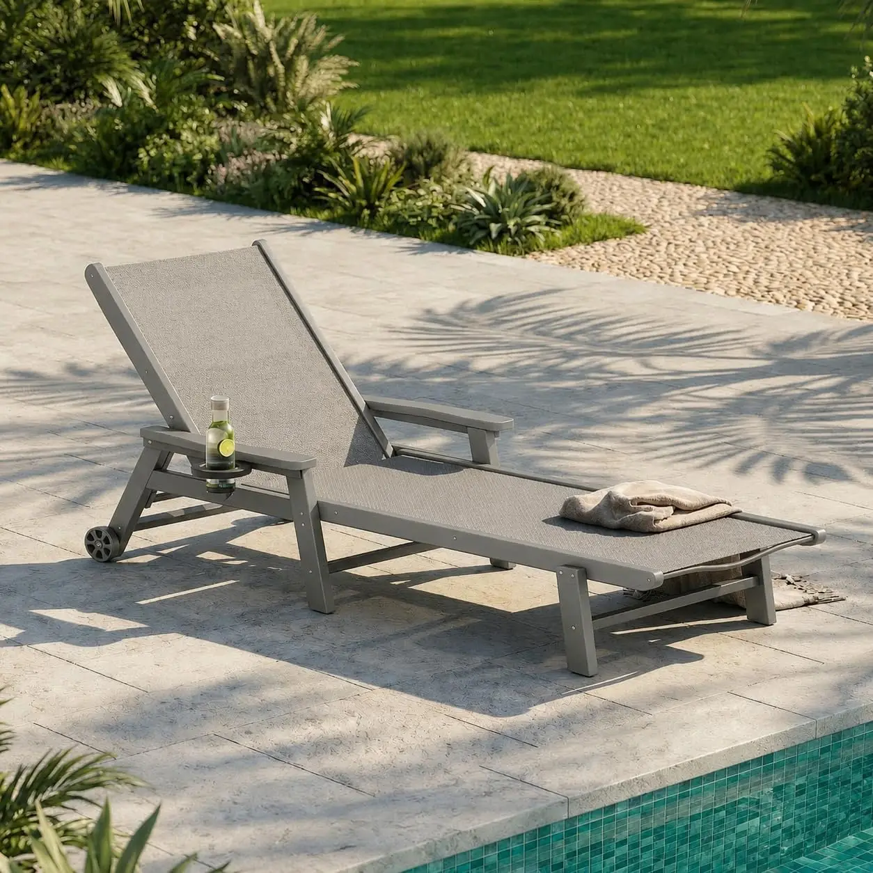 HDPE Outdoor 5-Position Chaise Lounge, Grey Textilene, Customized