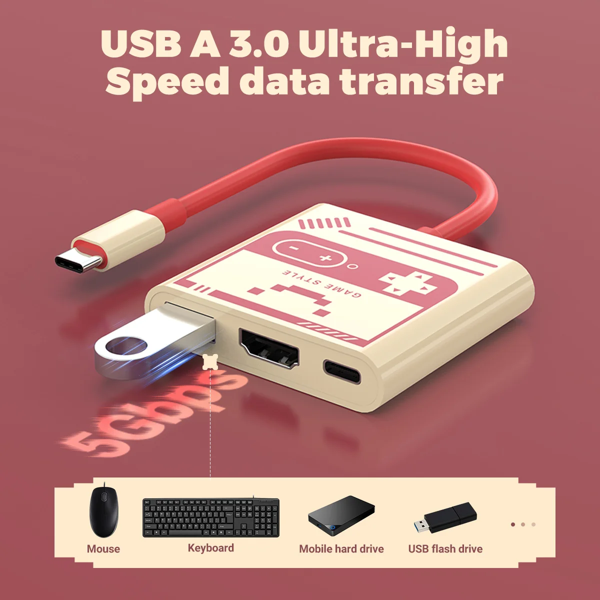 Conmutador portátil/con base de TV Oled con HDMI, USB 3,0 y puerto de carga USB C 100W compatible con concentrador Usb de salida de vídeo 4K, 1080P