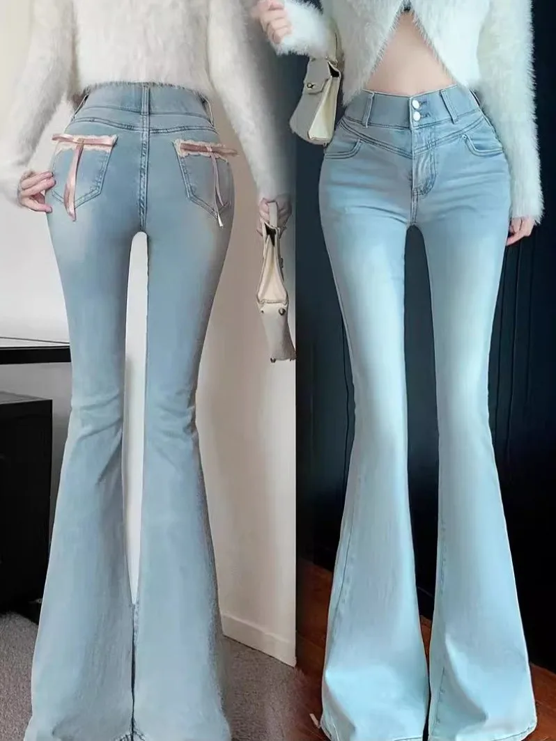 

High Waist Slim Fit Denim Pants Women's Spring Blue Knot Micro Flared Trousers Bootcut Jeans Long Floor-Length