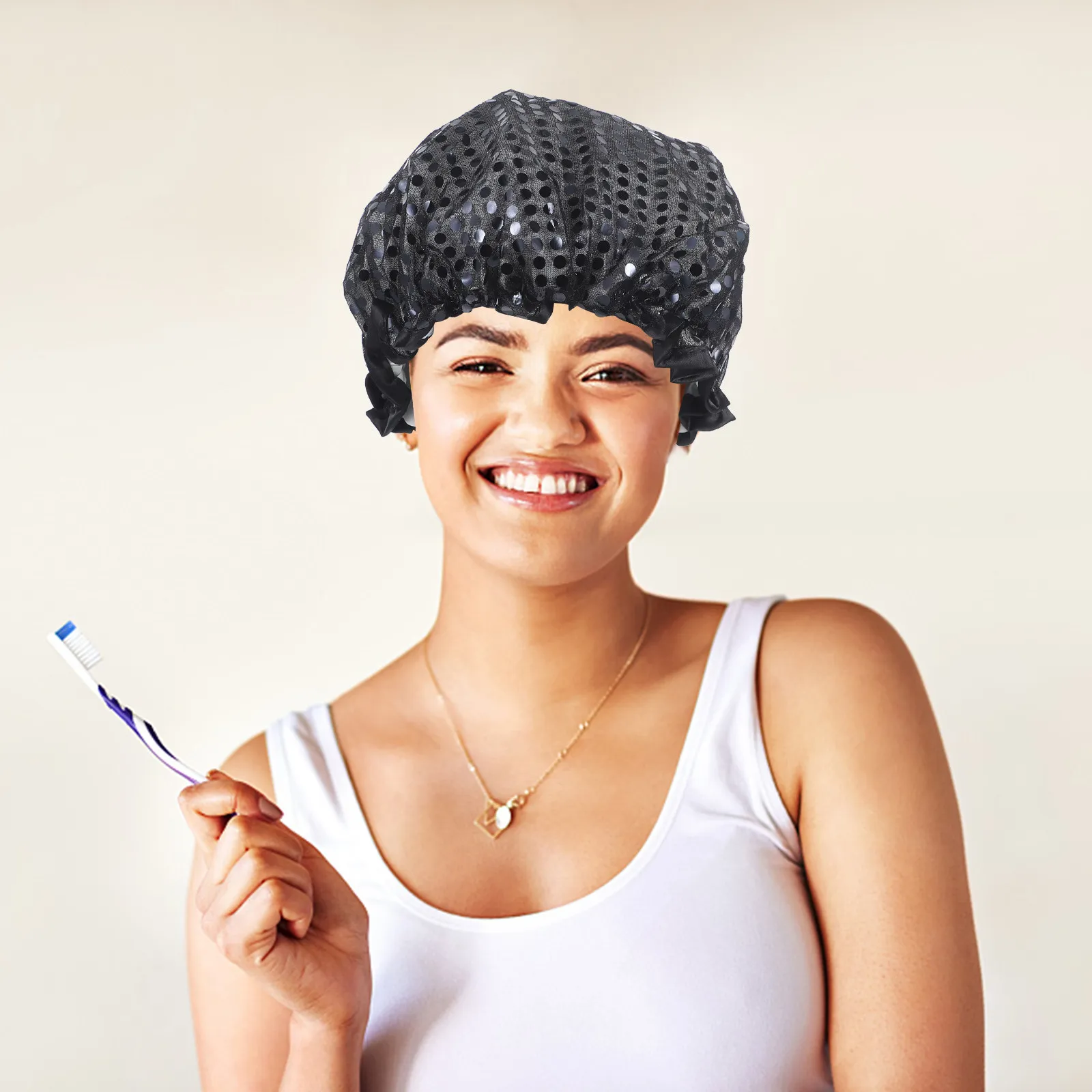 Large Waterproof Sequin Shower Cap Elastic Bathing Hat Reusable Hair Cover for Women Men Protection for Long Hair