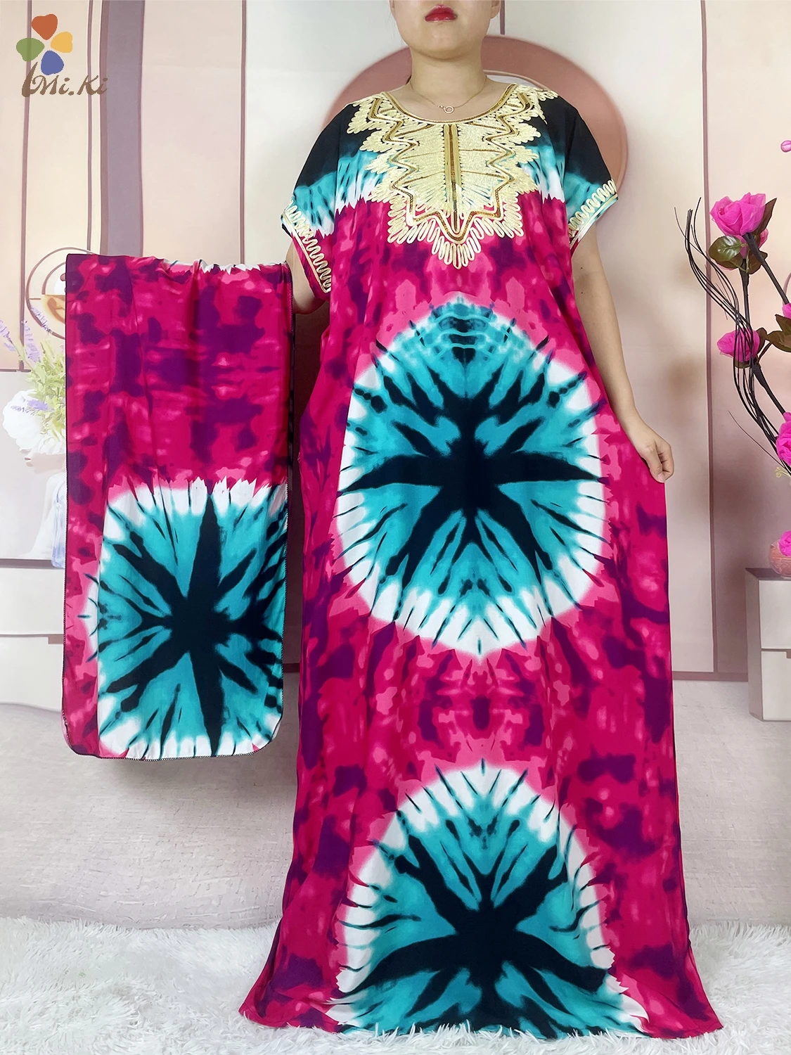 2024 New African Women Embroidered Sequin Dress Tie Dyed Loose Cotton Robe Dshiki Maxi Robe Femme Islamic Women Summer Clothing