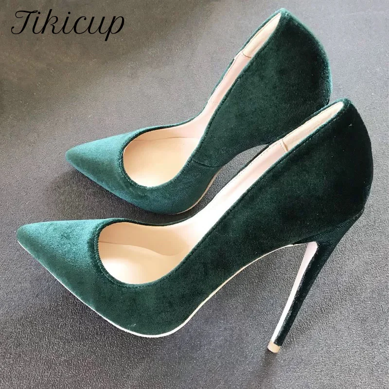 Tikicup Sexy 12cm Thin High Heels Dark Green Women Sexy Pointed Toe Comfortable Shallow Stiletto Pumps Ladies Wedding Dress Shoe