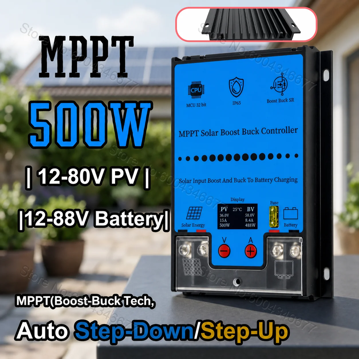 500W 15A MPPT Buck Boost Solar Controller 12V-80V Input 12V-88V Output for LiFePO4 Lithium Lead-Acid Battery LCD Heat Sink Fins
