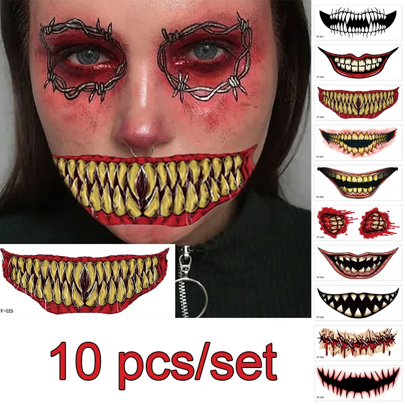 Halloween Horror Big Mouth Face Stickers Tattoo Temporary Waterproof Devil Mask Party Makeup Art Tattoos Festival  Party Decals
