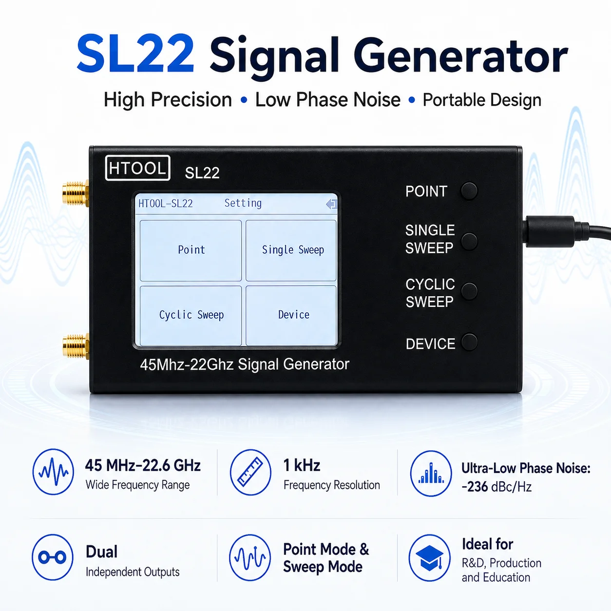 LMX2820 HTOOL SL22 Signal Source 45-22600MHz Fan Heat Sink Three Language Modes P0-P7 Power Output Different Data Respectively