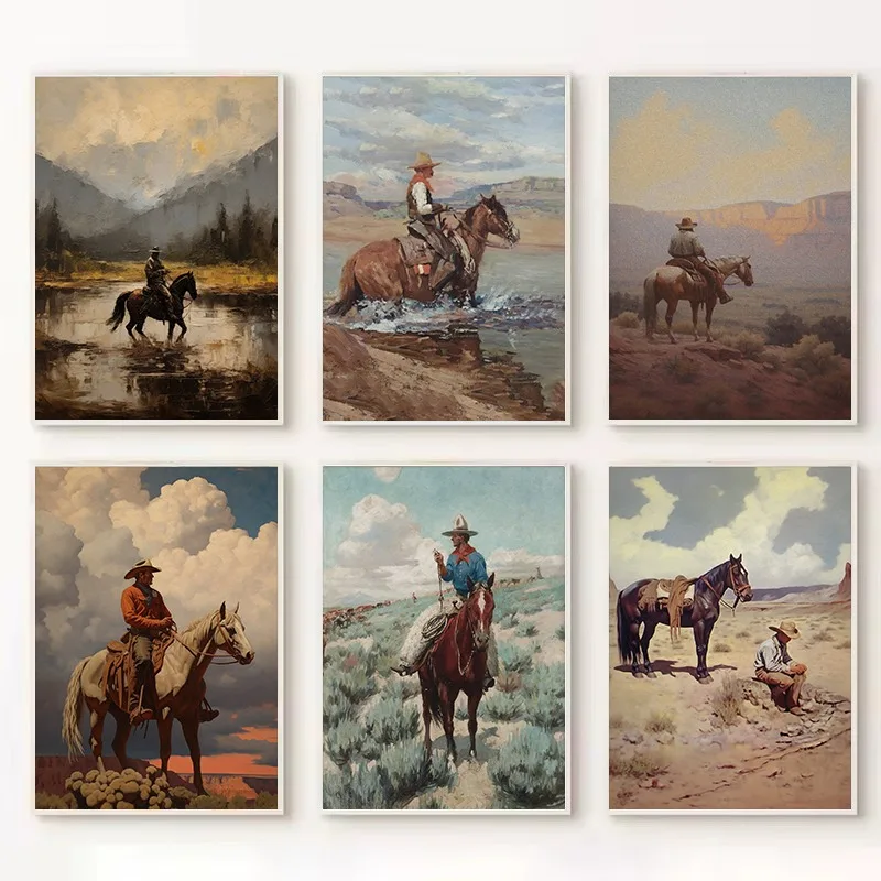 Póster Vintage antiguo de mediados de siglo, vaquero occidental, jinete de caballo, paisaje de montaña, pintura en lienzo, imágenes artísticas de pared, decoración del hogar
