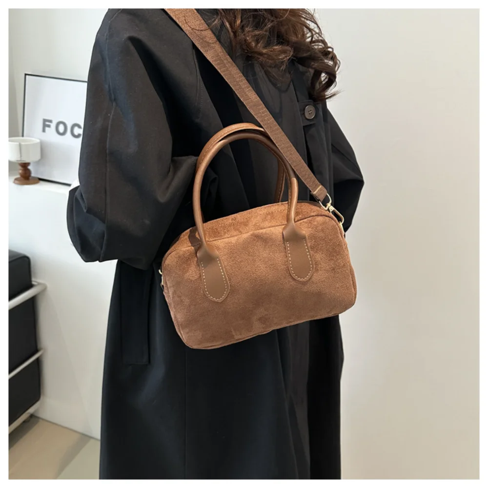 Bolso de hombro Retro de gamuza sintética para mujer, bolsos de lujo de Color sólido con asa superior para mujer, bolsos de viaje Boston con cremallera de gran capacidad