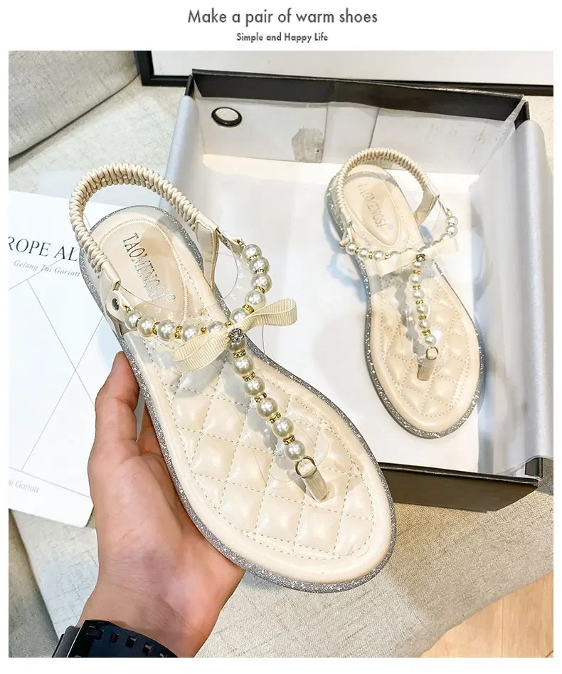 Women Fashion Sandals New Summer Girl Beautiful Pearl String Bead Leisure Slippers Comfortable Casual Shoes