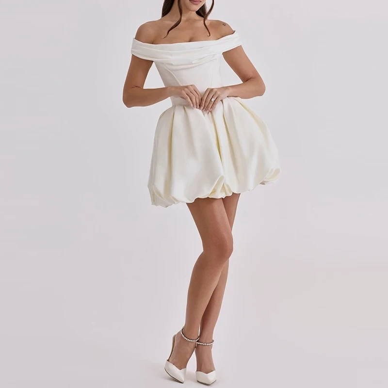 

Elegant Pure Color A-line Dress Summer New Backless Pleat Women Evening Dress Luxury Strapless Nipped Waist Wedding Party Dress