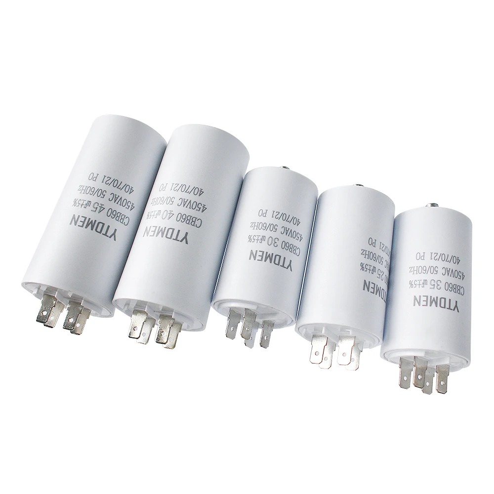 Kapasitor CBB60 AC 450V Kapasitor Pengganti Listrik Sisipan Ganda 4 ~ 60uF dengan Sekrup untuk Kipas Pompa Motor AC ± 5%