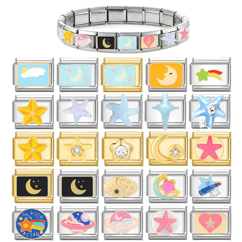 Paderison-Aço Inoxidável Casal Romântico Charm Bracelet, Série Star, italiano Links, se Fits 9 milímetros Pulseira, DIY Fazer Jóias