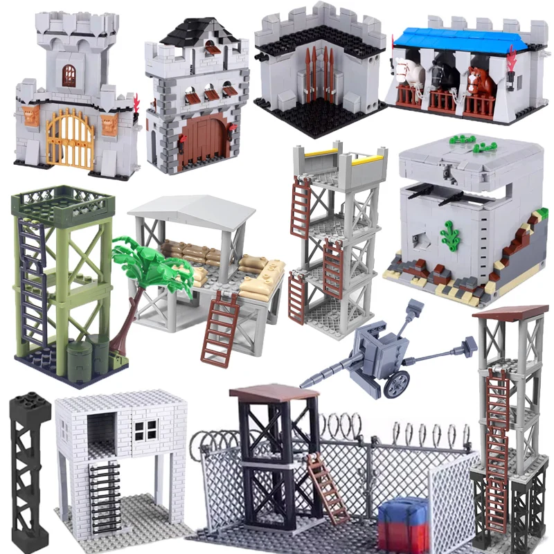 WWII Military Building Blocks Scene Accessories Soldier Sentry Post Wall Barbed Wire Weapon Training Ground Watchtower Toy K045