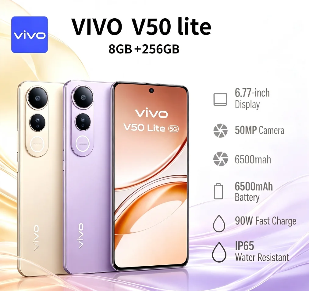 2026 Brand New Official VIVO V50 Lite Unlocked Android Smartphone 8+256GB Memory 6.58 Inch Full Screen Dual 64MP Rear Camera
