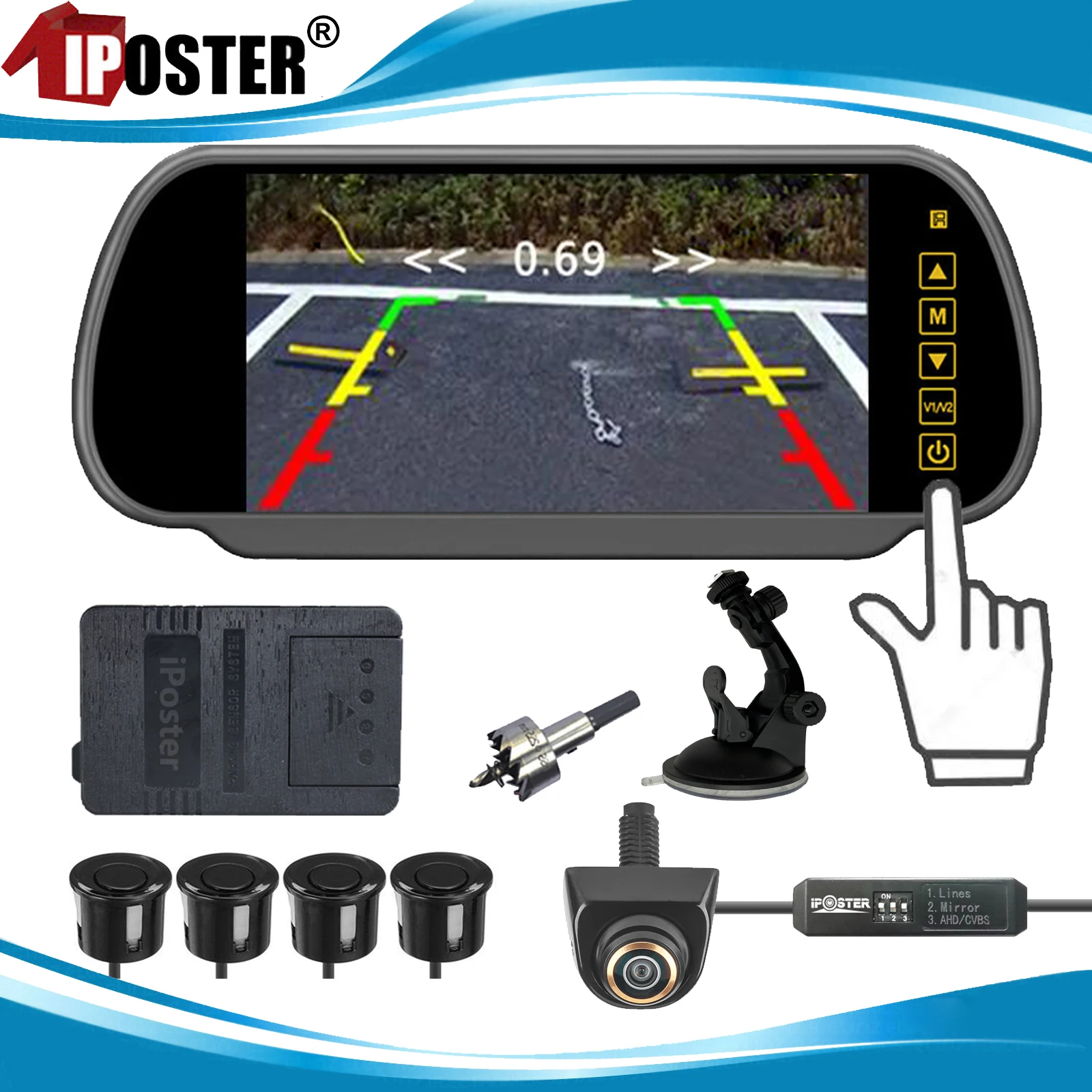 iPoster 7 Inch Car Rear View Mirror Monitor clip & Windscreen Suction+Parking Radar Sensor Fisheye Lens Backup Camera Universal