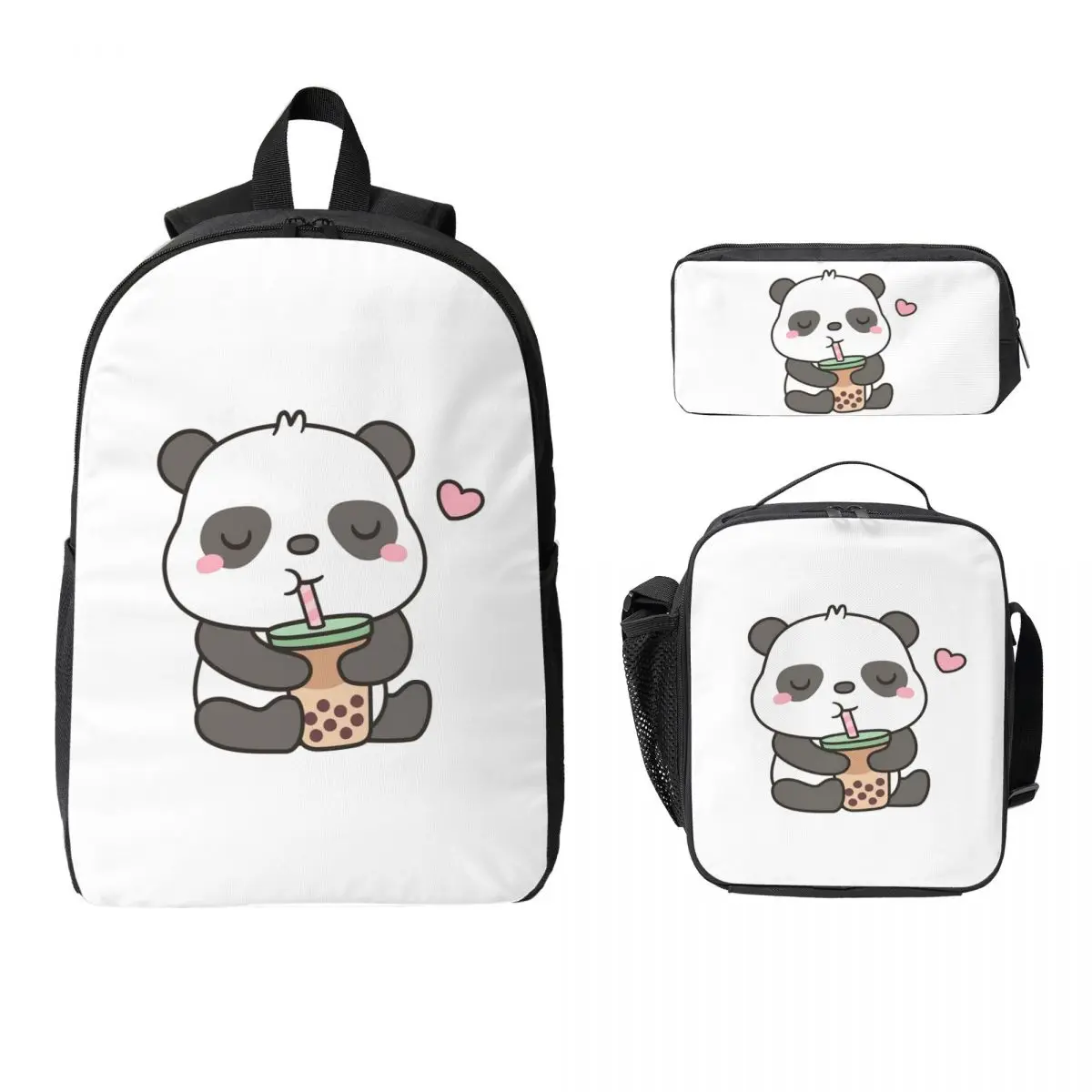 

Cute Little Panda Enjoying Boba T Backpack Student BookBag School Bag Laptop Shoulder Bags 3ps Insulated Lunch Bag Pencil Case