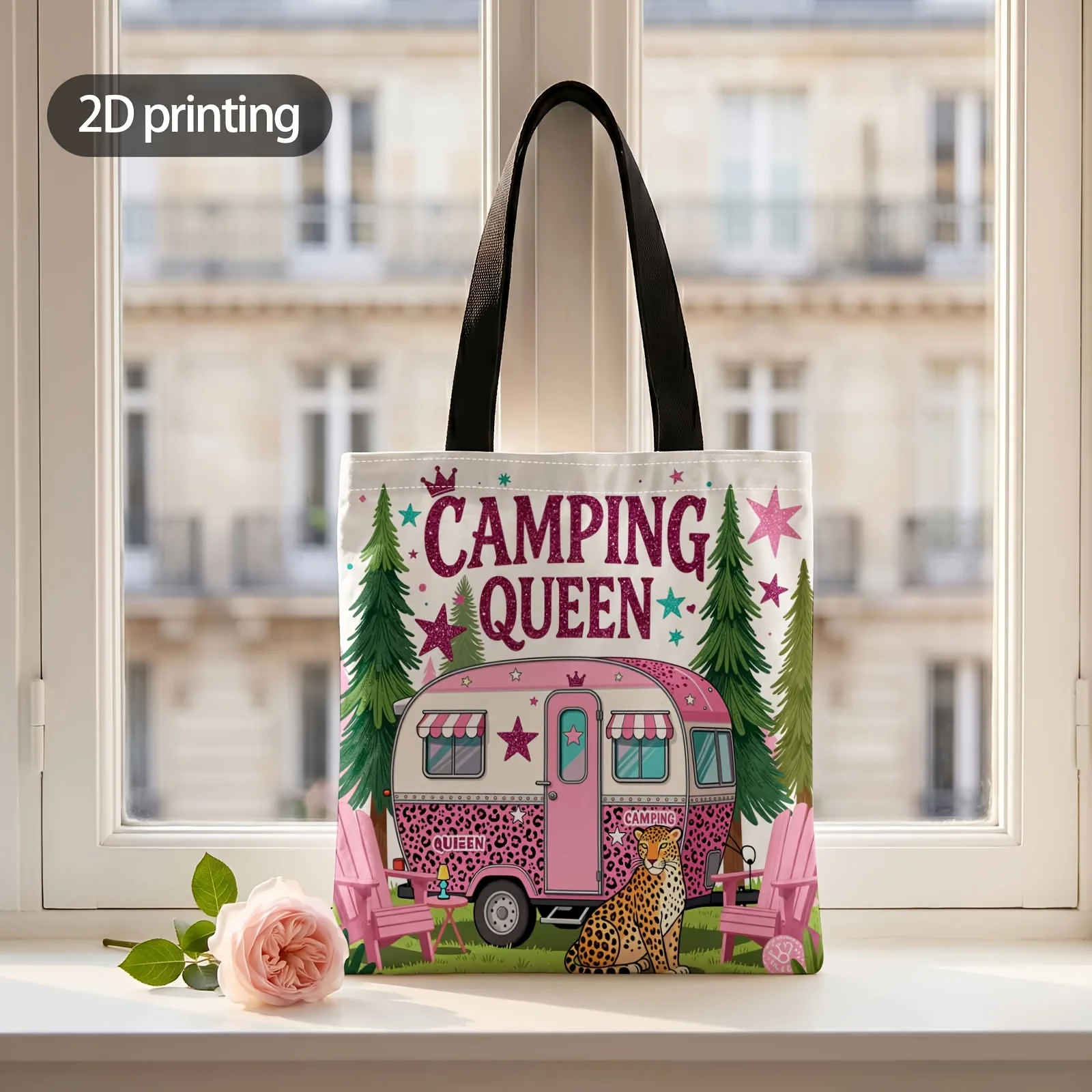 1pc 2D Printed Handbag with Camping Queen Vibes Only Pattern, Reusable Fashion Shoulder Bag Handbag Shopping Tote Bag Suitable f