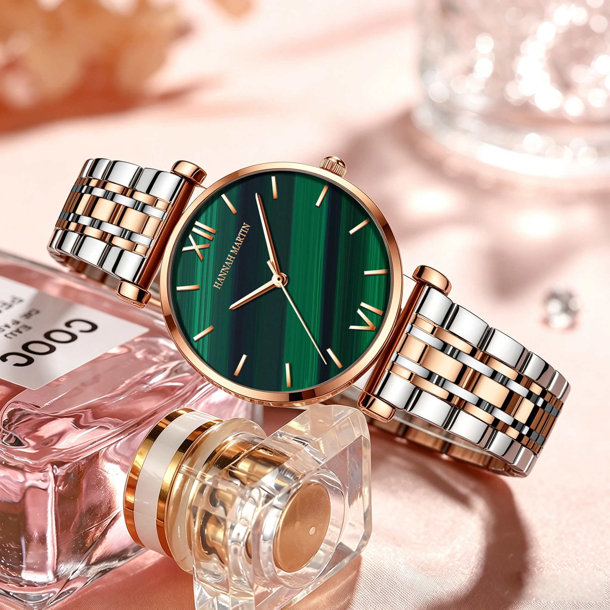 Hannah Martin Watch Women Fashion 36mm Casual Green Malachite Dial Japanese Quartz Stainless Steel Strap 3Bar Waterproof Watches