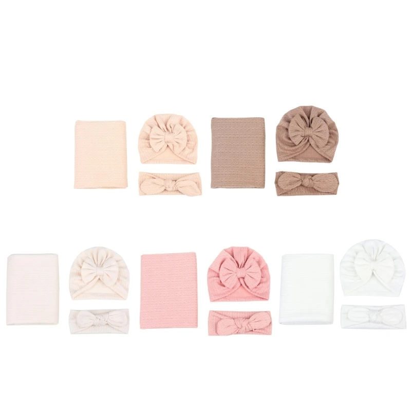 Swaddle Blanket & Beanie Hat Bow Headband for Baby Boys Girls Breathable Bow Hat Skin Friendly Sleepsack Newborn Bedding
