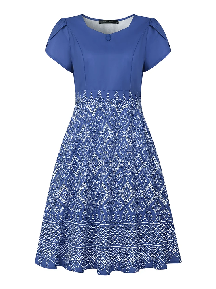 ZANZEA Donne Collo Quadrato A-Line Vestaglie Femme Manica Petalo Moda Stampa Etnica Vacanza Abiti Al Ginocchio Abiti Eleganti