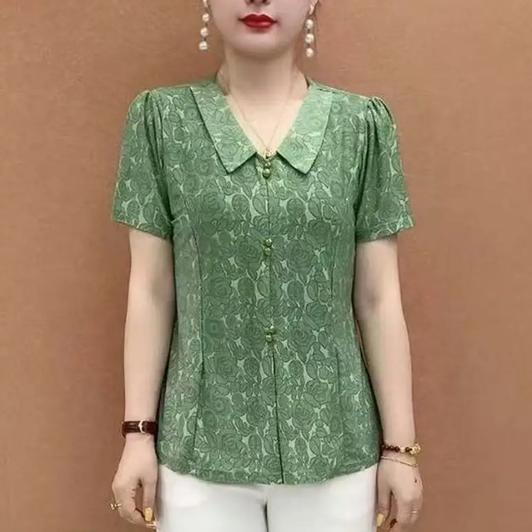 

Elegant Summer Baby Collar Fashion Short Sleeve T-Shirt Loose Print Top for Middle-aged and Elderly