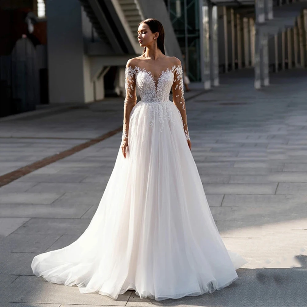 Splendidi abiti da sposa in pizzo bohémien manica lunga a-line Sexy Backless Tulle principessa abiti da sposa 2023 Robe De Mariée Vestidos