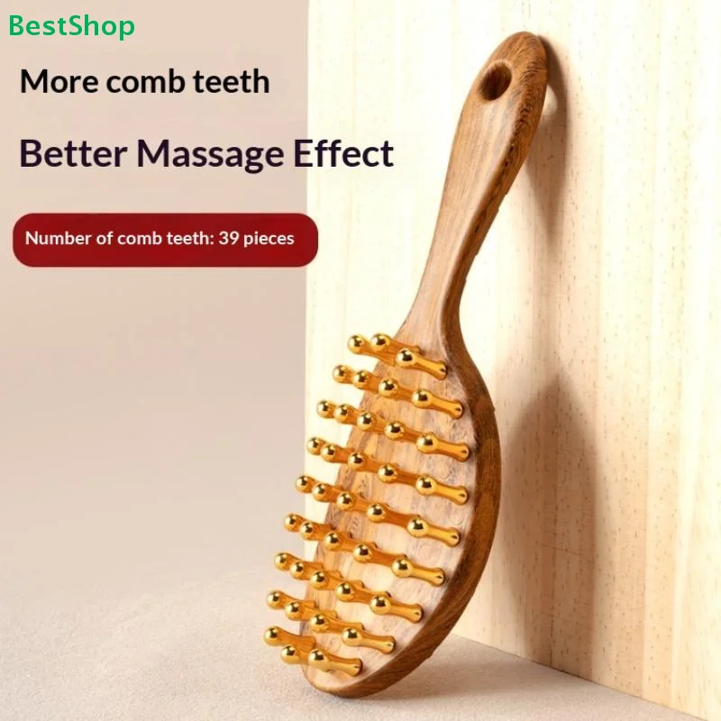 

♥ Деревянная щетка-массажер для волос и головы | Золотая расческа с 39 зубьями для лучшего массажа кожи головы и ухода за волосами