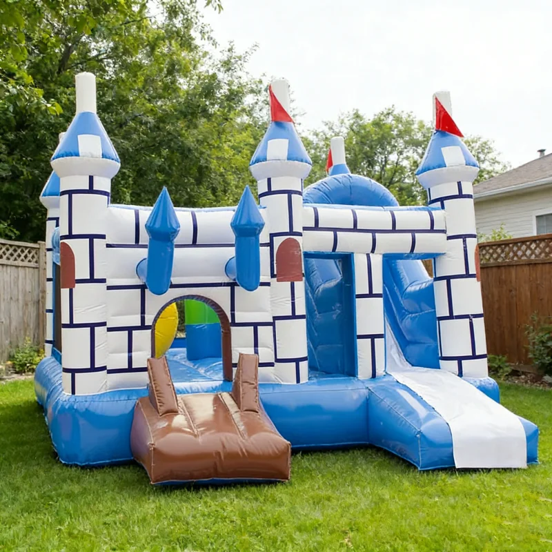 High Quality Blue and White Inflatable Bouncy Castle with Slide PVC Jumping House for Kids Indoor Outdoor Backyard Party Use