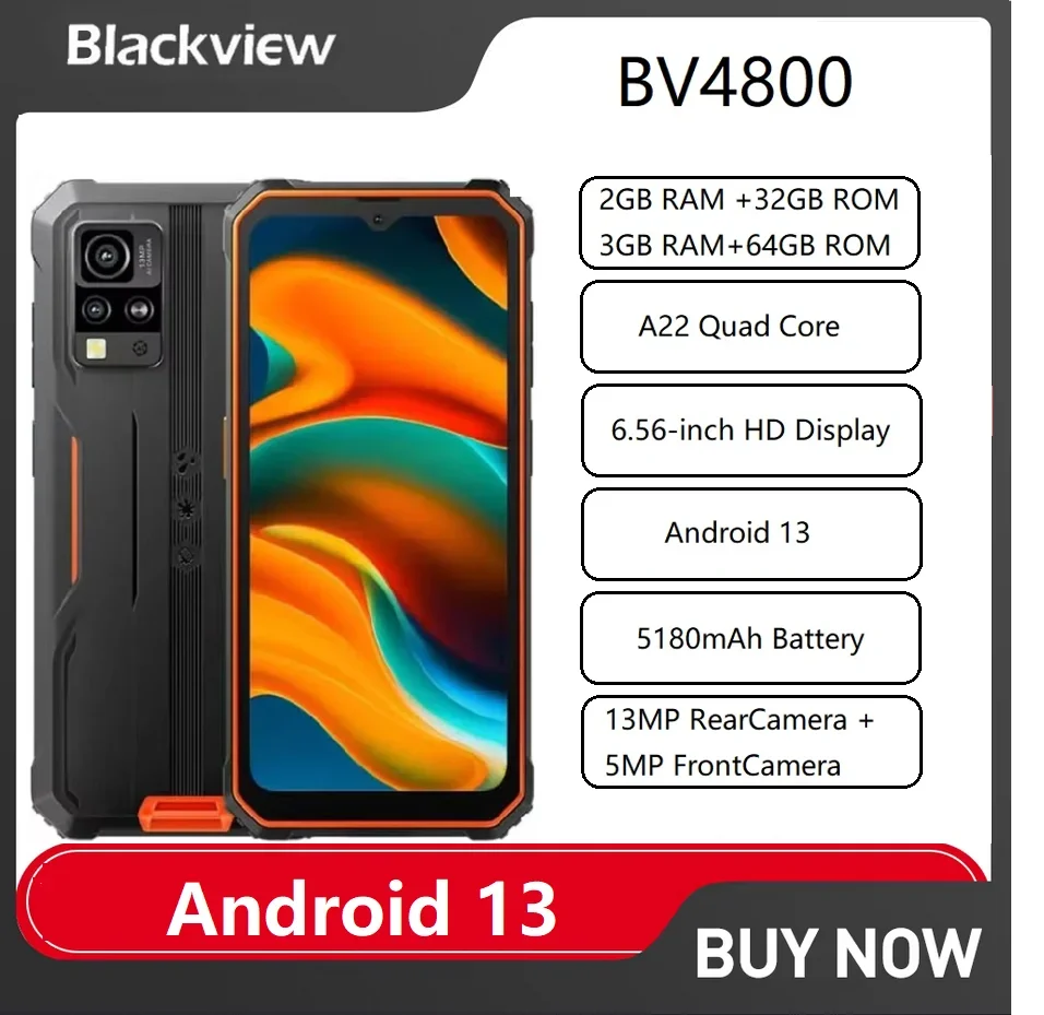 Blackview BV4800 Smartphone Robusti 4G Android 13 Helio A22 Quad Core 3 GB + 64 GB 5180 mAh Telefono da 6,56 pollici Fotocamera da 13 MP Cellulare NFC