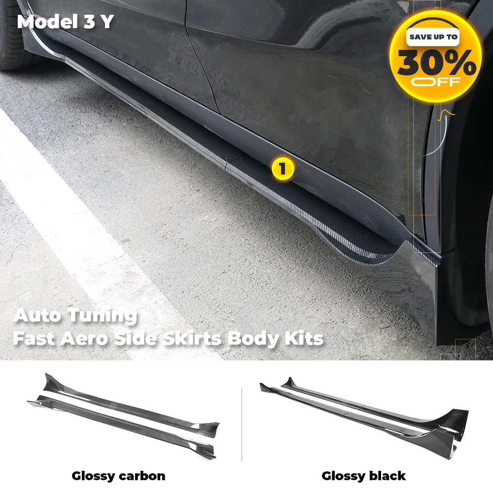 Side Skirts For 2017-2023 Tesla Model 3 Y, Model 3 Highland Carbon Fiber Print Style ABS Plastic Side Skirt Extension Splitter