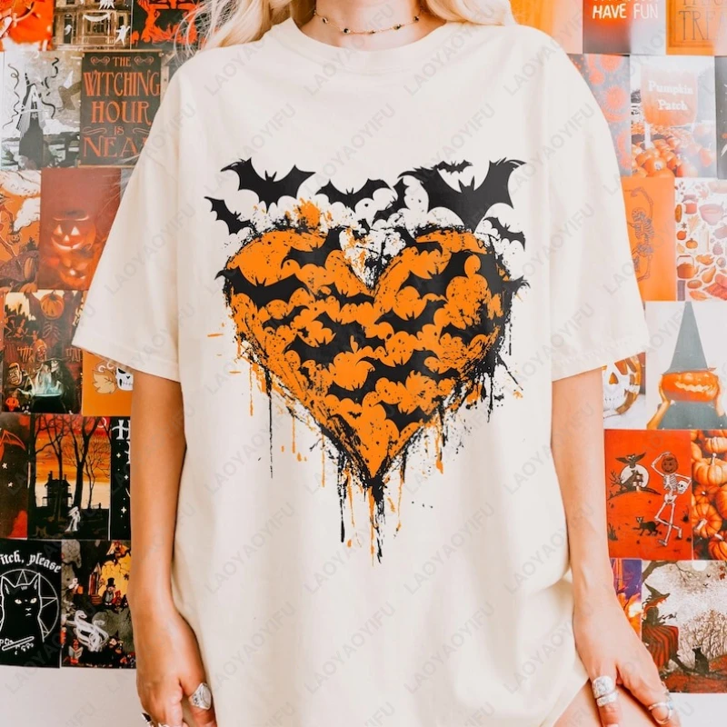 Halloween Bat and Heart Printed TShirt Cute All Saints' Day Girly Gift for Men Women Animal Lovers Tops Spooky Season Cotton Tee