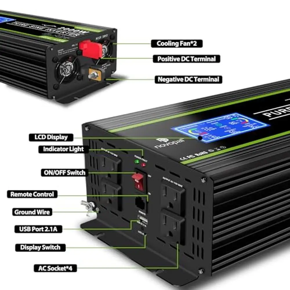 2000W Pure Sine Wave Power Inverter 12V DC to 120V AC RV Boat Car Inverter with USB Port LCD Remote Ideal Emergency Power Backup