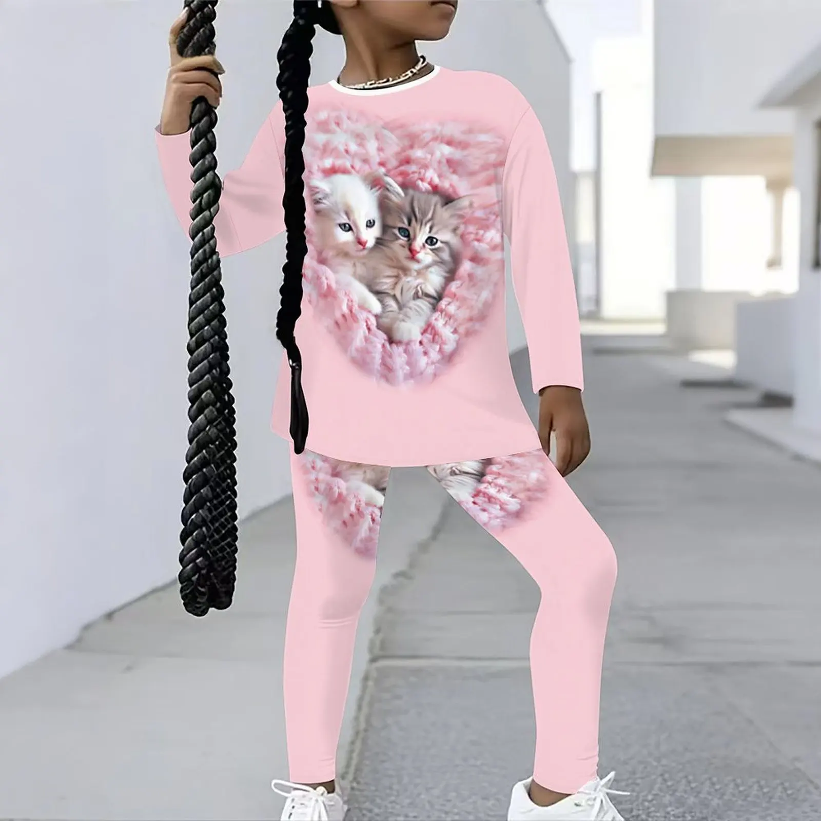 Autumn Leggings Winter Jogging Pants Girls Print Long Sleeve Round Neck Top Cute Two-Piece Casual T-shirt