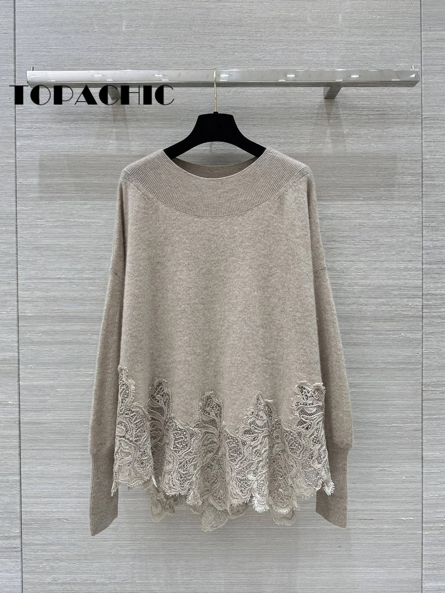 9.25 TOPACHIC-Women Lace Embroidered Spliced Cashmere Knitwear Personality Elegant Slash-neck Cuff Split Loose Pullover Sweater