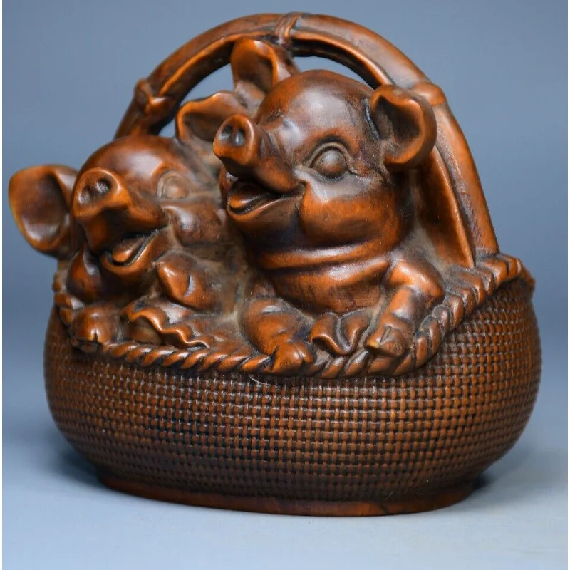 

3.1" Collection Chinese Box-wood Carving The Basket Animal Two Pig Statue Craft Gift Decoration Home Decore