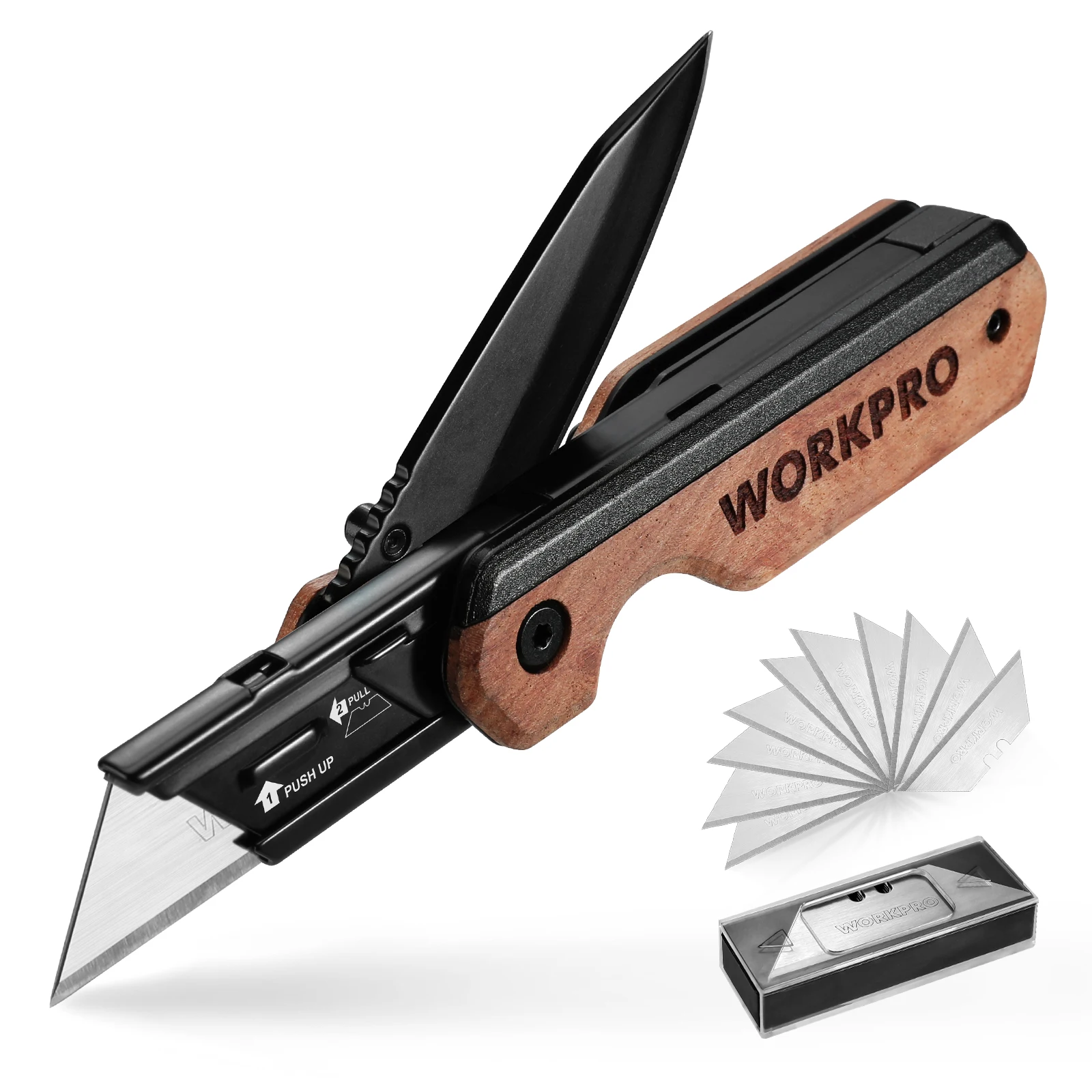 WORKPRO 2-in-1 Folding Knife/Utility Knife, Wood Handle Quick-Change Box Cutter, Belt Clip, 10 SK5 Blades, Carton Cutting, Camping, Hiking, DIY Projects