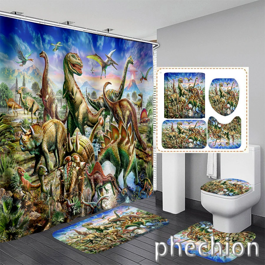 New 3D Print  Dinosaur Shower Curtain Waterproof Bathroom Curtain Anti-slip Bath Mat Set Toilet Rugs Carpet VR38