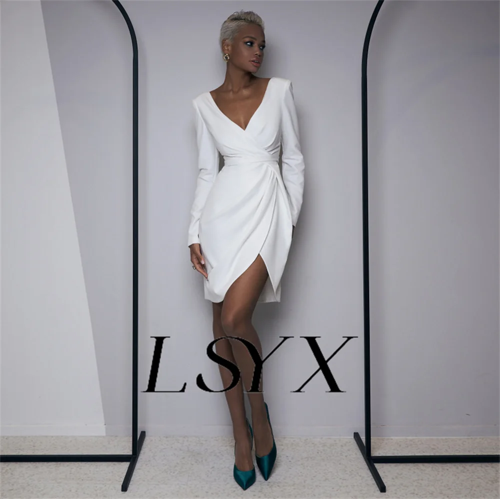 LSYX V-Neck Long Sleeves Sheath Pleats Crepe Mini Wedding Dress For Women Zipper Back Above Knee Short Bridal Gown Custom Made