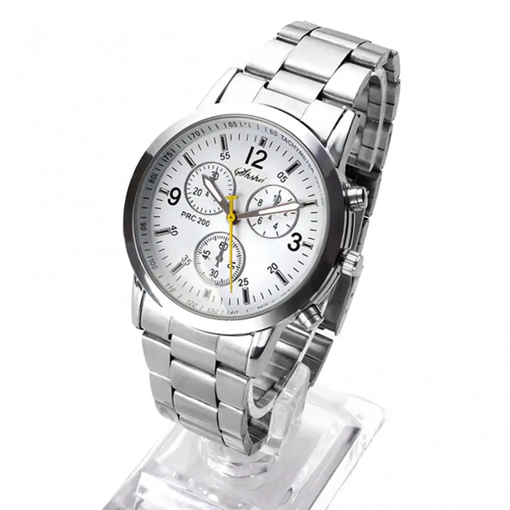 Fashion Men Round Sub-dials Decor Alloy Band Analog Quartz Wrist Watch Gift